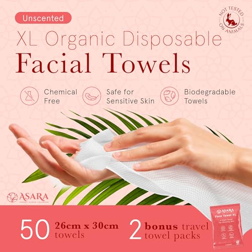 Clean Face Towels Disposable XL Facial Wipes | Add Water As a Makeup Remover | Sensitive Skin Face Towels | Organic Vegan Biodegradable - Clean Daily Towelettes | by Asara (50 Count) - size: 50 Count