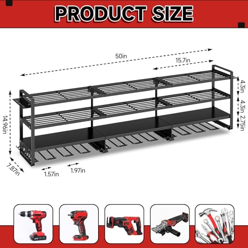 50" W Power Tool Organizer Wall Mount,Holds 12 Cordless Drills - color: Without Charging Station, size: 4-Tiers,12 Slots