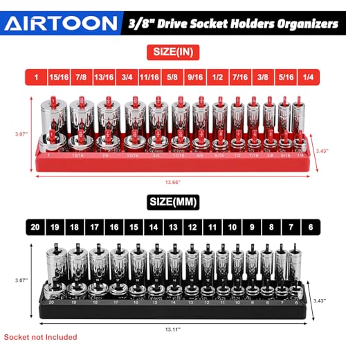 3/8-Inch Drive Socket Organizer Trays, 2-Piece SAE and Metric Socket Tray Set, Deep and Standard Socket Holders Organizers for Toolbox, Black & Red - size: 3/8-Inch Drive SAE and METRIC