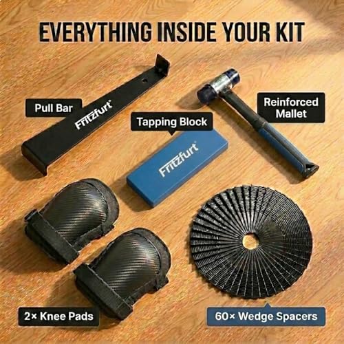 65-Piece Laminate Flooring Tools Kit - Heavy Duty Flooring Pull Bar, LVP Tapping Block, Double-Faced Flooring Mallet, 2 Knee pads & 60 Spacers for Vinyl & Wood Flooring Installation