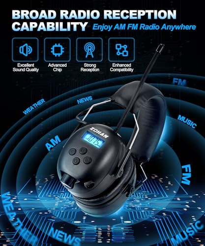ZOHAN AM/FM Radio Headphone with Digital Display,Ear Protection Noise Reduction Earmuffs,Comfortable Hearing Protector - color: Black, style: Radio
