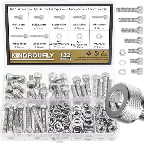 122 Pieces M6 x 10/12 /16/20 /25/30 /35mm Hex Socket Head Cap Screws Nuts Washers Assortment Kit, 304 Stainless Steel, Fully Machine Thread - size: M6, style: Socket Head