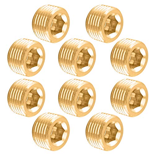 Glarks 10Pcs Brass 3/8'' NPT Male Pipe Plug Fitting Set Internal Hex Thread Socket Pipe Plug Kit - size: 3/8''NPT