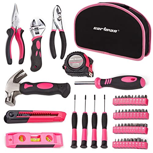 CARTMAN 52-Piece Pink Hand Tool Set, Home Repair Kit With Round Carry Pouch