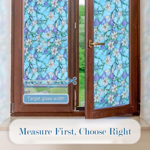 rabbitgoo Stained Glass Window Privacy Film, Blue Lily, 17.5" X 157.4" | Anti UV Heat Blocking Frosted Glass Static Cling Removable, for Bathroom, Bedroom, Living Room - color: Blue Lily, size: 17.5" x 157.4"
