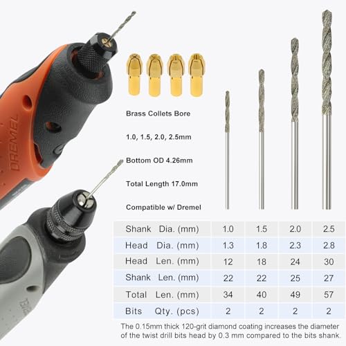Sworker Diamond Drill Bits 1mm 1.5mm 2mm 2.5mm 2 Each 120-Grit 8Pcs with 4 Collets Compatible with Dremel Rotary Tool for Sea Glass Stone Shells Jewelry Making Porcelain Ceramic Gems - style: 8Bits+4Collets
