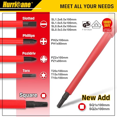 HURRICANE 1000V Insulated Screwdriver Set, 15 Piecse Professional Insulated Electrician Screwdriver Set, CR-V Magnetic Tips, Square(Robertson) Phillips Slotted Pozi Torx Insulated Electrician Tool Kit - size: 15-Piece Complete Insulated Screwdriver Set