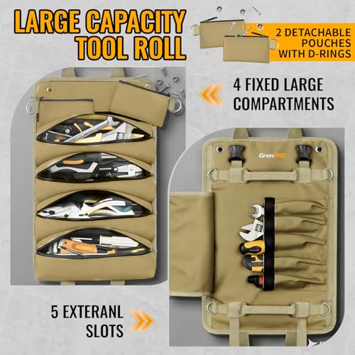 GrenPRO Roll Up Tool Bag with Detachable Tool Pouches 4D Ring - color: Khaki