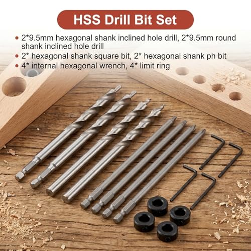 4pcs 3/8" Drill Bit with Depth Stop Collar and 4pcs SQ2 Screwdriver bit Set, 1/4 Hex and Round Shank Replacement,for Manual Pocket Hole Guide Jig Master System (Silver)