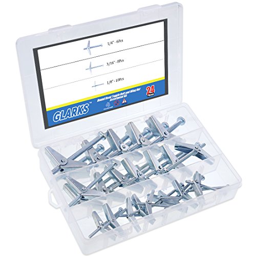 Glarks 24Pcs 1/8'', 3/16'', 1/4'' Toggle Bolt and Wing Nut Assortment Kit Zinc Plated Steel Round Head Toggle Bolts for Hanging Heavy Items on Drywall