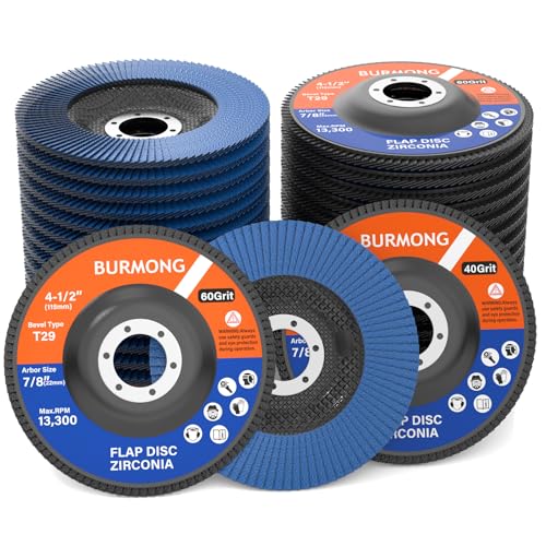 BURMONG 30PCS Flap Disc for Angle Grinder 4-1/2" - 40/60/80/120 Grit T29 Zirconia Abrasive Grinding & Sanding Discs, 7/8 Inch Arbor, for Metal, Wood & Stainless Steel Finishing (40+60 Grit Set)