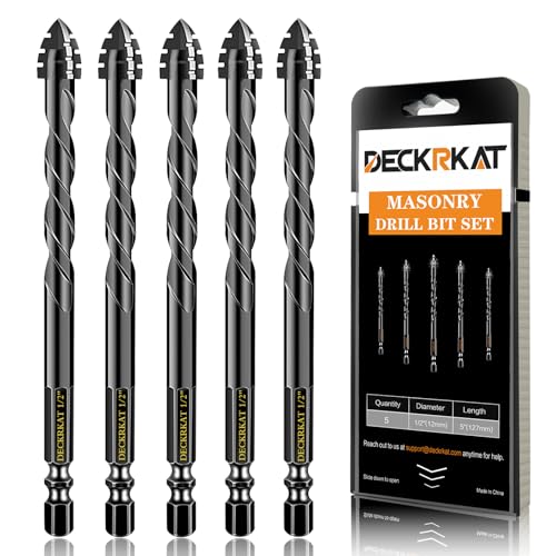 DECKRKAT Upgraded 5-Piece 1/2 Inch Black 4-Flute Serrated Masonry Drill Bits - Concrete, Tile, Glass, Brick, Ceramic, Plastic, Wood - size: 5 Piece 1/2", style: 4-Flute Serrated Drill Bit