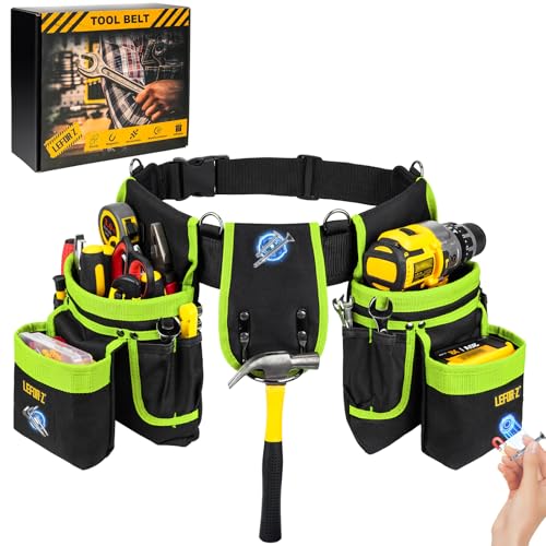 Tool Belt with 4 D-Rings,27-Pockets Tool Belts for Men,Construction - color: Green & Black, size: 27 Pockets with Magnet Pouch