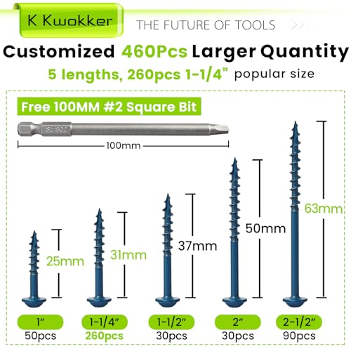 460Pcs Pocket Hole Screws, 1" 1-1/4" 1-1/2" 2" 2-1/2" Wood Screws Assortment Kit #8 Coarse Thread Blue Anti-Rust Coated Pocket Screw Jig Kit, Square Drive, Self Tapping, Indoor & Outdoor - size: D. #8