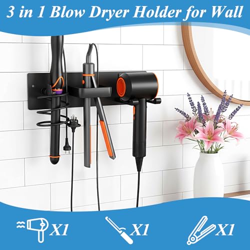 Hair Dryer Holder Wall Mounted 3 in 1 Bathroom Hair Tool Organizer Rack with Curling Iron Holder & Flat Iron Holder Blow Dryer Holder for Universal Dryer, Matte Black