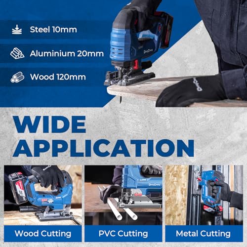 DongCheng 20V Brushless Cordless Jigsaw, 800-3500 SPM Variable Speed, 26mm Stroke, 4-Position Orbital Action, 0-45° Bevel Cut, Cuts Wood, Metal & Aluminum, 4.0Ah Battery, Charger, 6 Blades, Tool Bag - style: Jig Saw