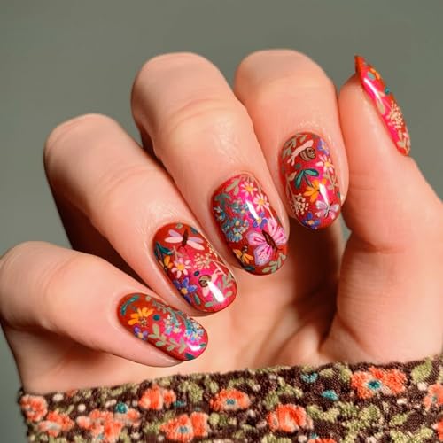 Red Short Press on Nails Flower Butterfly Fake Nails Glossy Finish Reusable False Nails for Women Manicure(design 29） - color: 3D Embossed design 29