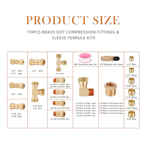 119PCS DOT Brass Compression Quick Connect Air Line Fittings Kit - size: 119pcs-1/4"/1/8"/3/8"/1/2"/5/8"/5/16" Kit, style: DOT Air Brake Line Fittings