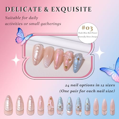 3D Flower Butterfly Press On Nails, Medium Length Almond Blue Pink Floral Pearl French Tip, Cute Charms Designer Reusable Acrylic Fake Nails, Spring Summer Daily Wear for Women - color: LF-3267, size: 24 Pieces (Pack of 1)