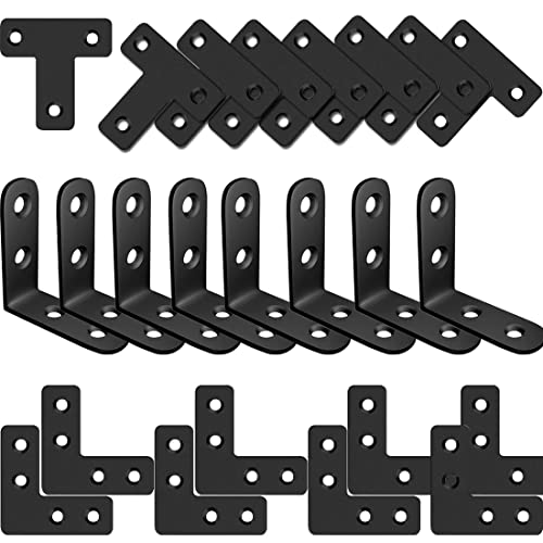 QSJ 24 Pack L Bracket Corner Brace Sets, 1.57x1.57 Inch Black Stainless Steel 90 Degree Right Angle Brackets Fastener L Braces with 88 Screws for Wood, Shelves, Furniture, Cabinet - size: 24Pcs Bracket Set (Flat T/L/Solid L)
