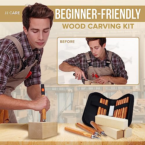 JJ CARE Wood Carving Kit, 24pcs Wood Whittling Kit with 12 SK2 Steel Carving Knives, 10 Basswood Blocks, 1 Grinding Stone & Storage Case, Gift Set for Beginners & Adults - size: Set A