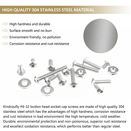 252 Pieces #6-32 x 3/16", 1/4", 5/16", 3/8", 1/2", 5/8", 3/4", 1", Button Head Socket Cap Screws Nuts Washers Assortment Kit, 304 Stainless Steel, Fully Machine Thread - size: #6-32, style: Button Head