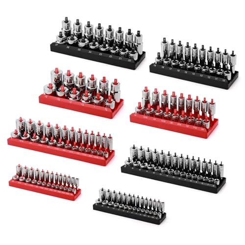 8-Piece Socket Organizer Trays, SAE and Metric Socket Tray Set, 1/4", 3/8", and 1/2" Drive Deep and Standard Socket Holders Organizers for Toolbox, Black & Red - size: 8PCS METRIC&SAE