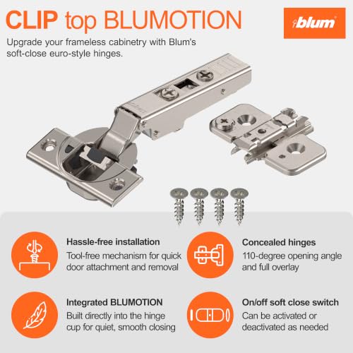 Blum Clip top BLUMOTION Hinge Kit (1 Kit), Full Overlay, 110° Opening Angle, Steel, Soft Close Euro-Style Hinges with Clip Mounting Plate for Frameless Cabinets - size: 1 Kit
