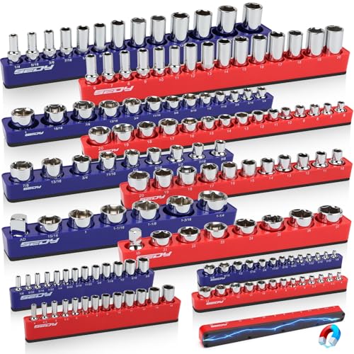 SEDY 12-Piece 1/4" 3/8" 1/2"-Drive SAE & Metric Magnetic Socket Organizer Set (Holds 143 Sockets) -Detachable Tool Tray with 5mm Magnetic Base for Garage/Home(Sockets Not Included) - style: 12-Piece Modular Trays (Holds 143)