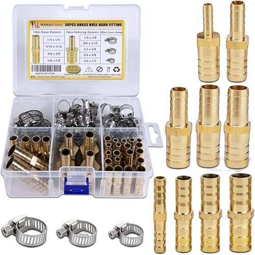 30PCS Brass Hose Barb Fittings, Barb Fitting Metals Splicer Mender, Barbs Splicer Mender Hose Fittings with 60Pcs Stainless Steel Pipe Hose Clamps for Air/Fuel/Water/Oil Hose