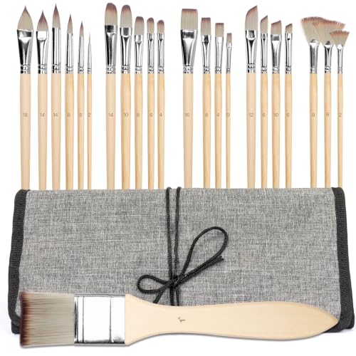 H & B 25PCS Paint Brush Set with Canvas Roll for Acrylic Oil Watercolor - color: Nature Wood
