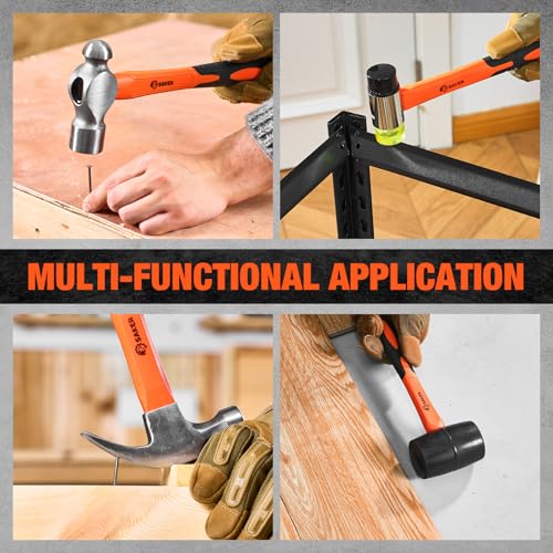 Saker 6-Piece Hammer Set, 3lb Sledge Hammer,16oz Rubber Mallet, 16oz Ball Peen Hammer & Claw Hammer, 14oz Double-Faced Mallet, 7oz Cross Peen Hammer for Home Repair & DIY Projects - size: 6 Piece