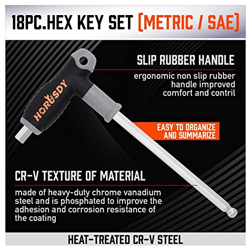 HORUSDY 18-Piece T-Handle allen wrench set, Inch/Metric Long Arm Ball End Hex Key Wrench Set, MM(1.5mm-10mm) SAE(1/16"-3/8") - style: 18PC T-Handle SAE/Metric