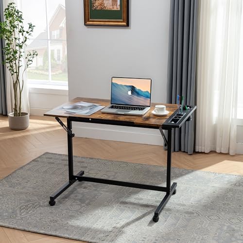 VECELO Vintage Drawing Drafting Table, Adjustable Tilting Top Art Desk Craft Work Station with Pencil Ledge, Lockable Slide Rolling Wheels for Painting Diamond Reading Writing Study, Rustic Brown