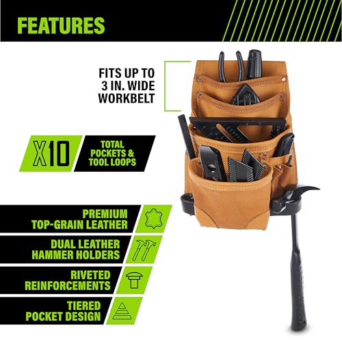 AWP Tool Pouch, Electrician Tool Pouch, Premium, Professional Multi-Pocket Organizer - size: 1 Pack, style: 10 Pocket Classic Leather Tool Pouch