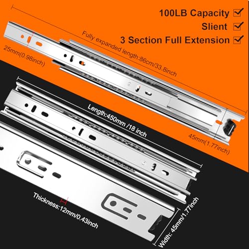 18 inch Drawer Slides 4 Pairs (8pcs) 3 fold Full Extension Side Mount Cabinet Drawer Glides 18" Silver Cabinet Rails for Dresser, Cabinet, Kitchen,Trash Can, Wardrobe 100 LB Capacity - size: 18 Inch