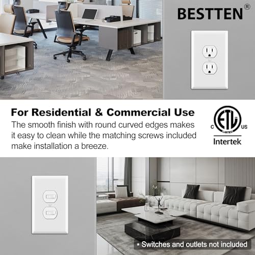 BESTTEN 10 Pack 1-Gang Jumbo Duplex Receptacle Outlet Wall Plate, White - size: Duplex Oversize