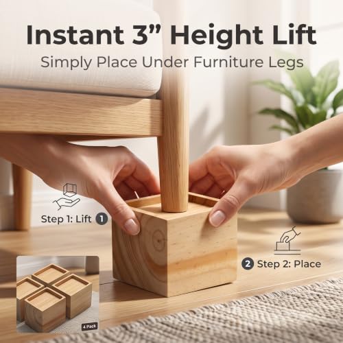 Lufia 3 Inch Solid Pine Wood Furniture Risers 4 Pack, 2000 LBS Silicone Non Slip Lift Blocks for Bed Sofa Desk Cabinet - color: Natural Wood - 4-pack, size: 3 Inch