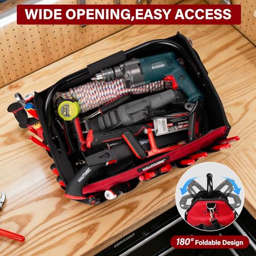 HAUTMEC 3PCS Heavy-Duty Tool Tote Bag Set, 1680D Large Tool Bags with Rigid Frame, Foldable Handle & Padded Shoulder Strap, Water-Resistant Hard Base, Multi-Pocket Tool Box Organizer – HTTBH25052 - style: Tool Tote | 3-Piece