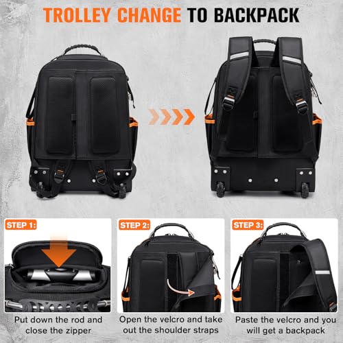 AUROPEAK Rolling Tool Backpack, 47 Pocket Heavy Duty Tool Bag with Wheels - size: 1.57" Wheel