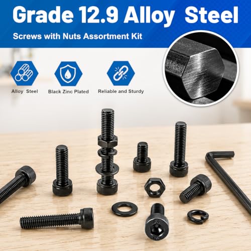 398PCS M5 Socket Head Cap Bolts Kit with Nuts, Flat & Spring Washers - size: G12.9 M5 398PCS