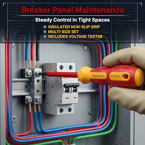 Insulated Screwdriver Set 1000V, 10-Piece Electrician Screwdriver Set with Voltage Tester, Magnetic Tips, Cr-V Steel, Slim Ergonomic Grip - style: Red yellow With Zipper Case