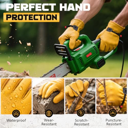 Cowhide Work Gloves Men & Women, Reinforced Palm, Puncture Resistanta - size: Large