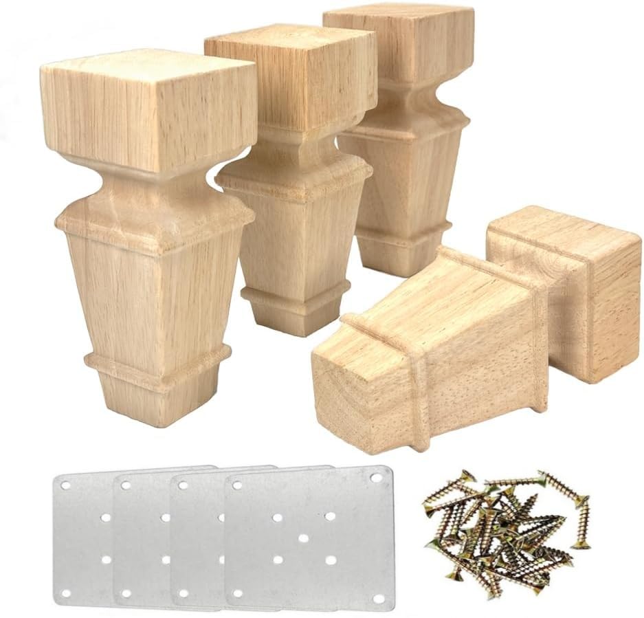 Set of 4 Wooden Furniture Legs 6inches with Mounting Plates Screws Wood Unpainted European Style Replacement Furniture Feet for Couch Cabinet Sofa Ottoman TV Stand Home DIY Projects (15cm（6inch）)