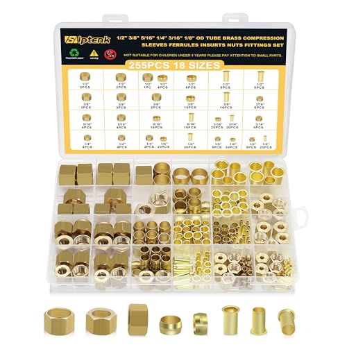 Siptenk 255PCS Brass Compression Sleeves Ferrules Inserts Nuts Fittings - color: 255PCS Sleeves Ferrules Inserts Nuts