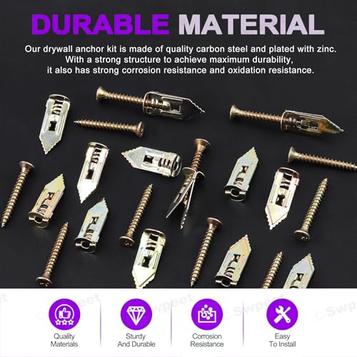 Swpeet 201Pcs 4 Sizes Colored Zinc-Plated Drywall Self-Drilling Anchors with Screws and Drill Bit Assortment Kit, No Drill Or Holes in Wall for TV, Bike, Shelf Straps, Decoration Fixing Curtains - color: Colored