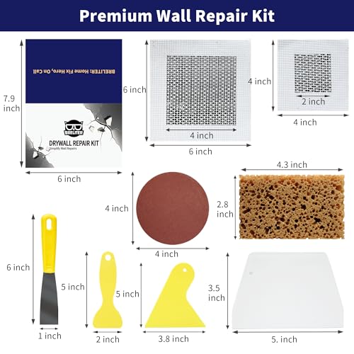 Breliter Drywall Patch Repair Kit - Drywall Repair Kit for Wall Texture, Holes, Cracks, Graffiti & Stains, Patches/Scrapers/Sandpaper/Texture Sponge/Putty Knife, Formaldehyde-Free, White (8.8oz)