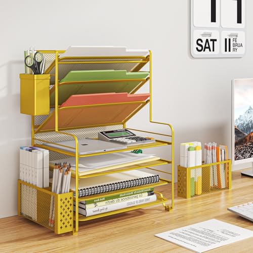Simple Trending 7 Tier Desk File Organizer, Letter Tray Paper Organizer with Pen Holder and Metal Hanging Basket, Gold - color: Pen Holder Gold