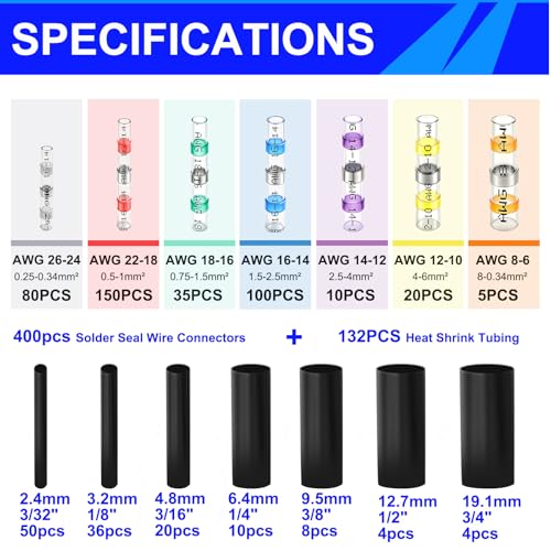 532PCS Heat Shrink Solder Seal Wire Connectors Kit with Mini Heat Gun, Solder Stick Wire Connectors Waterproof Wire Electrical Connector Kit for Marine, Automotive, Boat, Truck (26-6 Gauge) - size: 532PCS