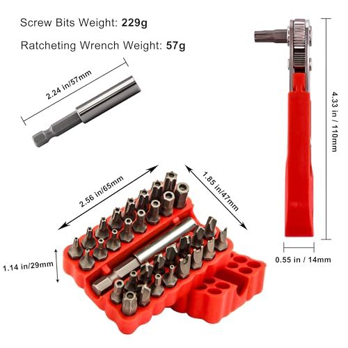 34pcs Security Bit Set 1/4 Inch Hex Shank Screwdriver Bit Set,Tamper Proof Bits-Torx+Hex+Tri Wing+Star+Spanner for Torx Security Screwdriver Set,High Hardness Impact Driver Bit Set(Red+RedRatchet) - color: Red+redratchet